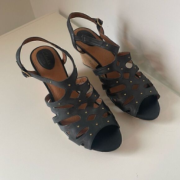 Clarks Artisan Wedge Heels Black Leather Sandals Slingback Size 10 Shoes - Picture 2 of 11